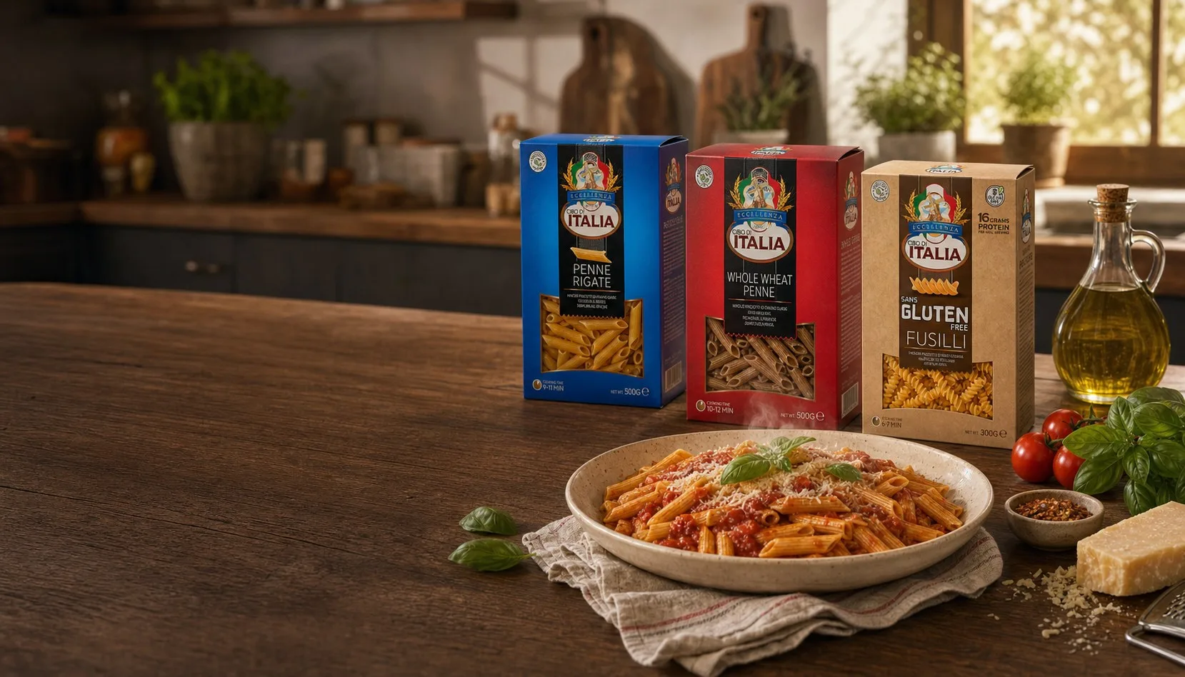 Cibo di Italia Penne Rigate, Whole Wheat Penne and Gluten Free Fusilli on a walnut table beside a warm bowl of tomato pasta.